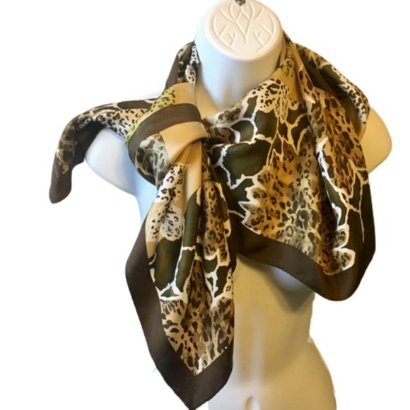 Adrienne Landau Studio Vintage Silk Scarf Animal Prints Leopard Brown Gold Large - Picture 6 of 7